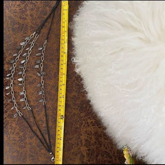 Necklace Three Tiered Black Rope/Matte Silver Tone Chain With Oblong beads - Picture 8 of 11